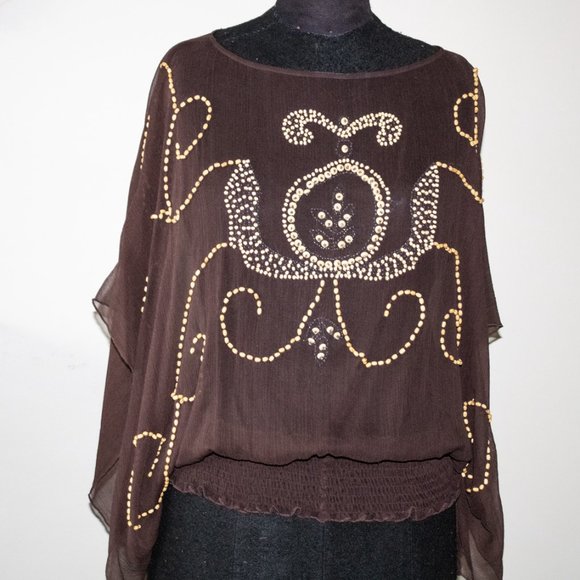 Brown Silk Blouse Boho Top L Beaded Front - Picture 3 of 5